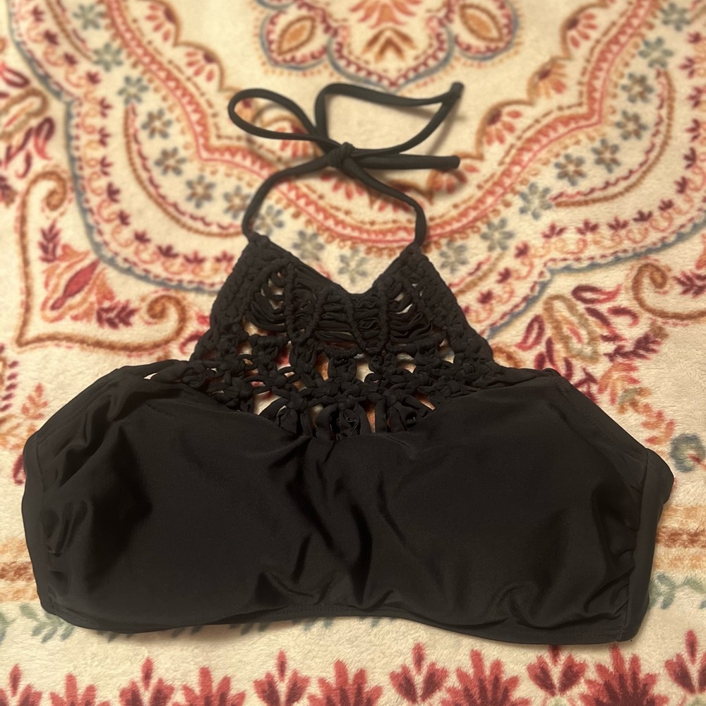Y2K Black Woven Crochet High Neck Bikini Top Sz S